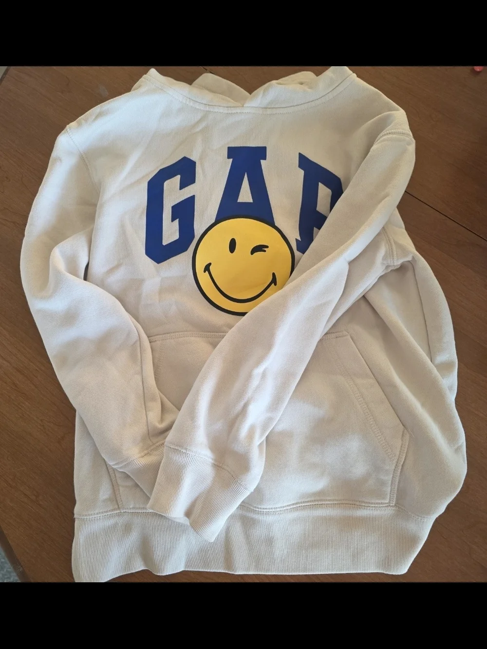 GAP Cream Hoodie with Blue Arch Logo & Yellow Winking Smiley